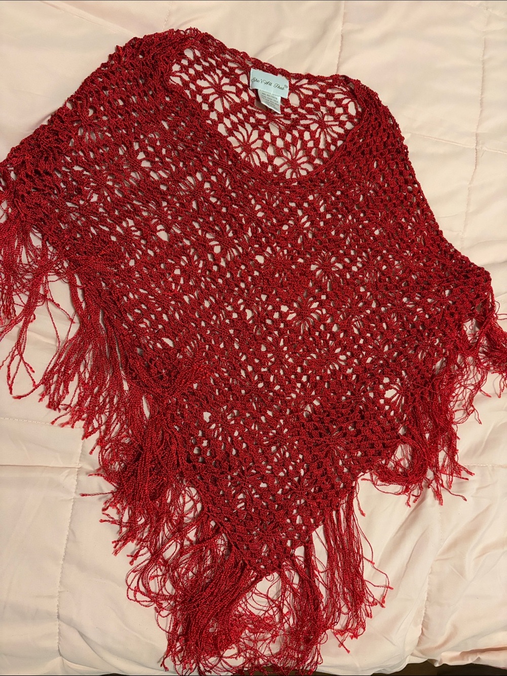 Open-Knit Fringe Women's Sweater Poncho - Red